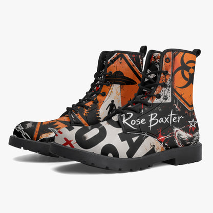KLF Road Closed leather boots with Strange Days roadside-horror artwork - product view 4