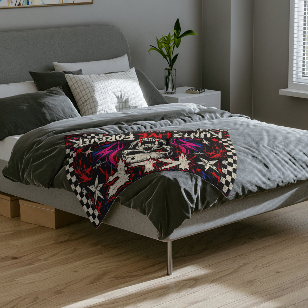 KLF Chaos Never Dies blanket lifestyle mockup with black hot pink red and white punk artwork