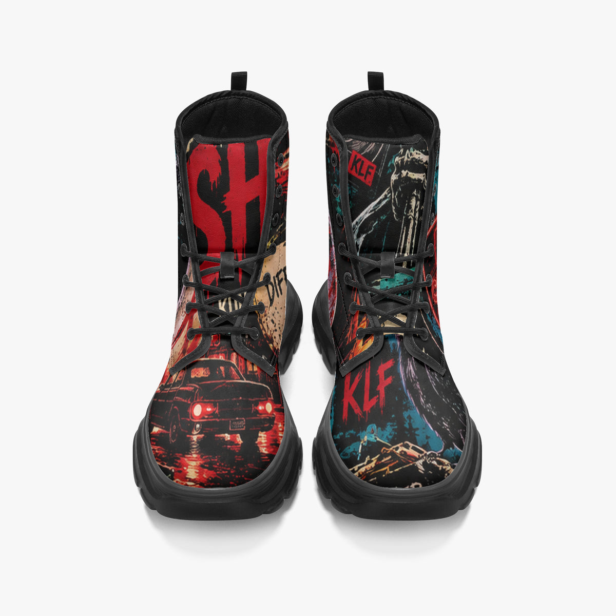 KLF Grave Shift chunky leather boots with neon horror night-shift artwork - product view 5