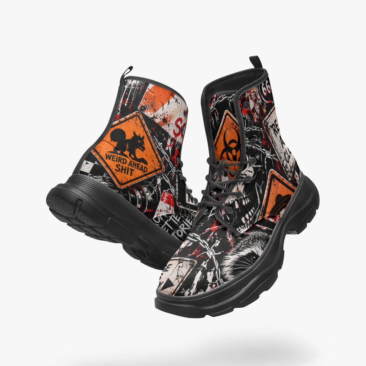 KLF Road Closed chunky boots with Strange Days roadside-horror artwork - product view 1
