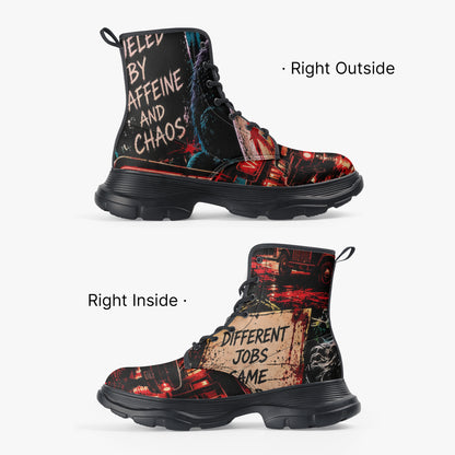 KLF Grave Shift chunky leather boots with neon horror night-shift artwork - product view 4