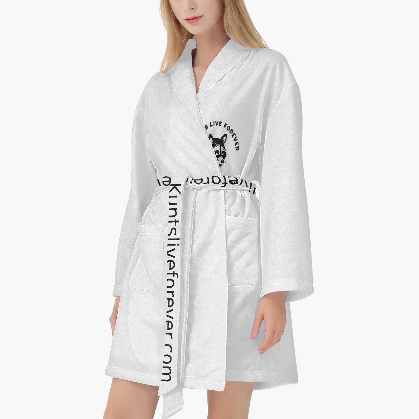 Women's loose-fitting white bathrobe with front pockets and branded belt, made of soft heavyweight cotton.
