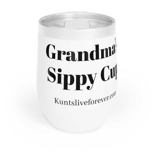 White stainless steel wine tumbler with "Grandma's Sippy Cup" text and spill-resistant lid