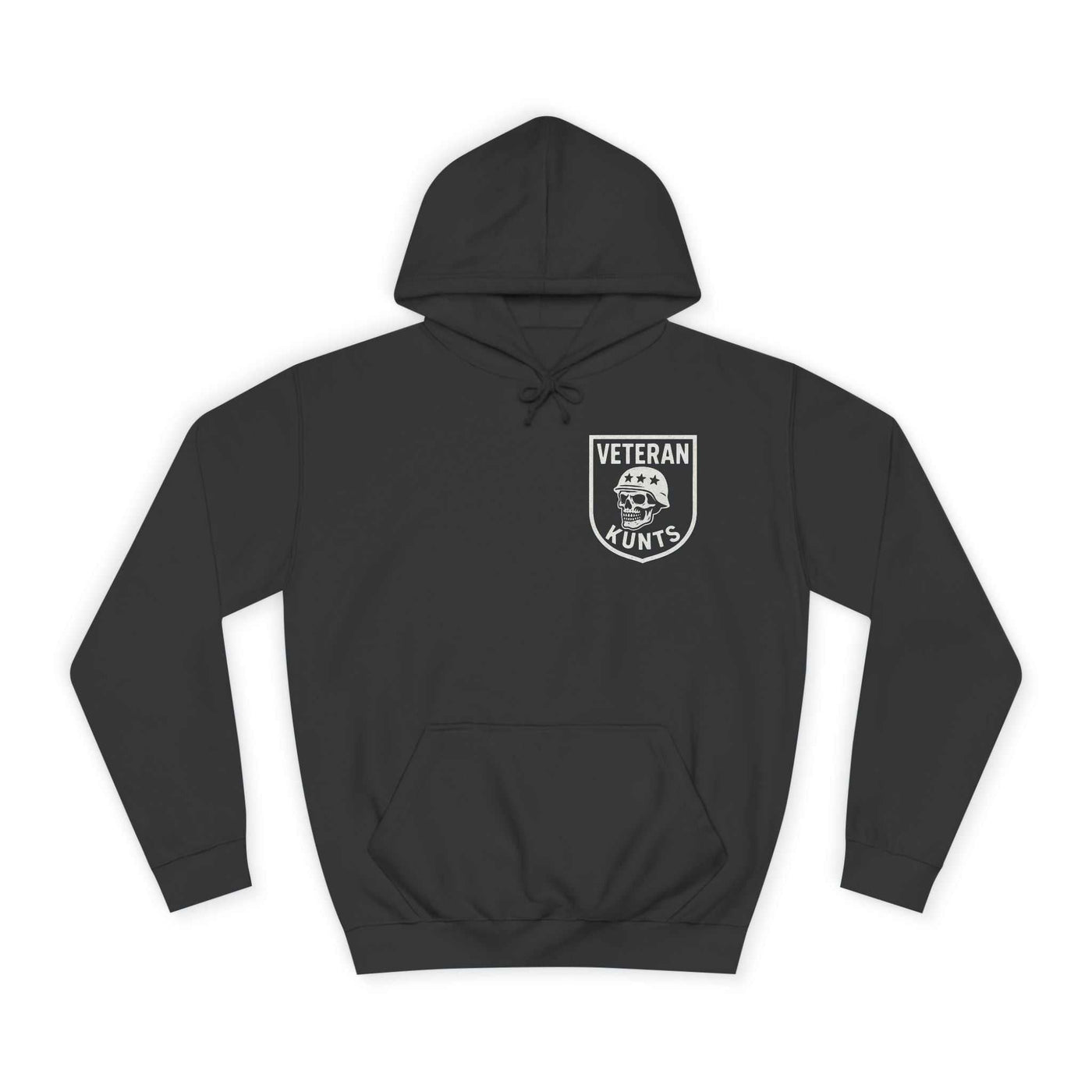 Black KLF "Whether Air Sea or Trenches" veteran hoodie with glow-in-the-dark skull design on chest and unisex fit