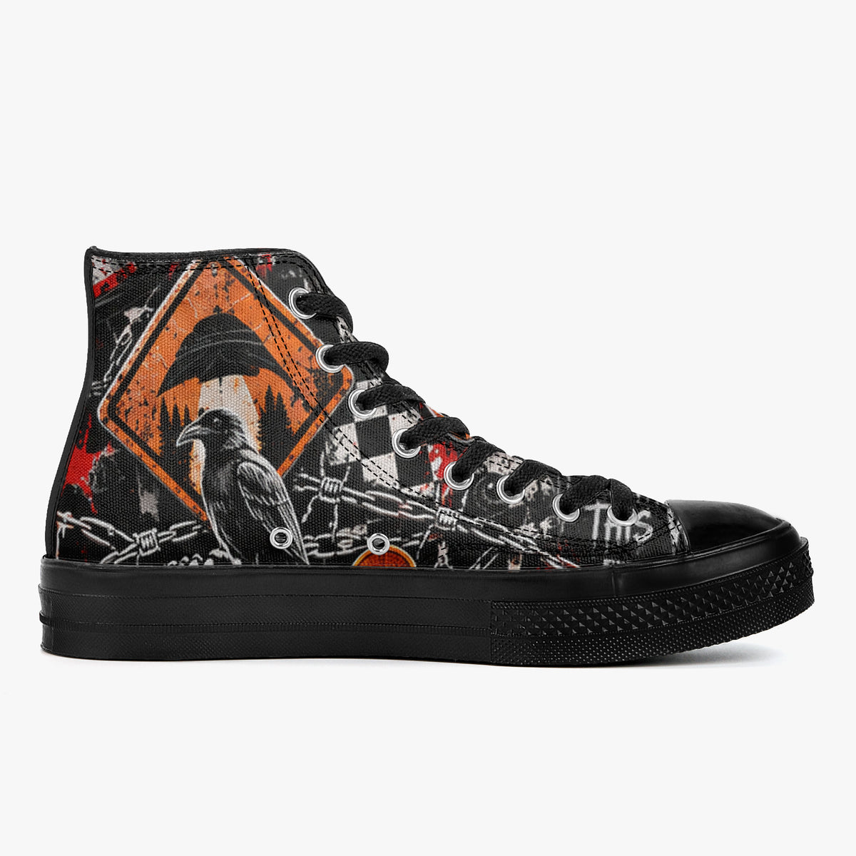 KLF Road Closed high-top canvas shoes with Strange Days roadside-horror artwork - product view 5