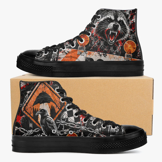 KLF Road Closed high-top canvas shoes with Strange Days roadside-horror artwork - product view 1