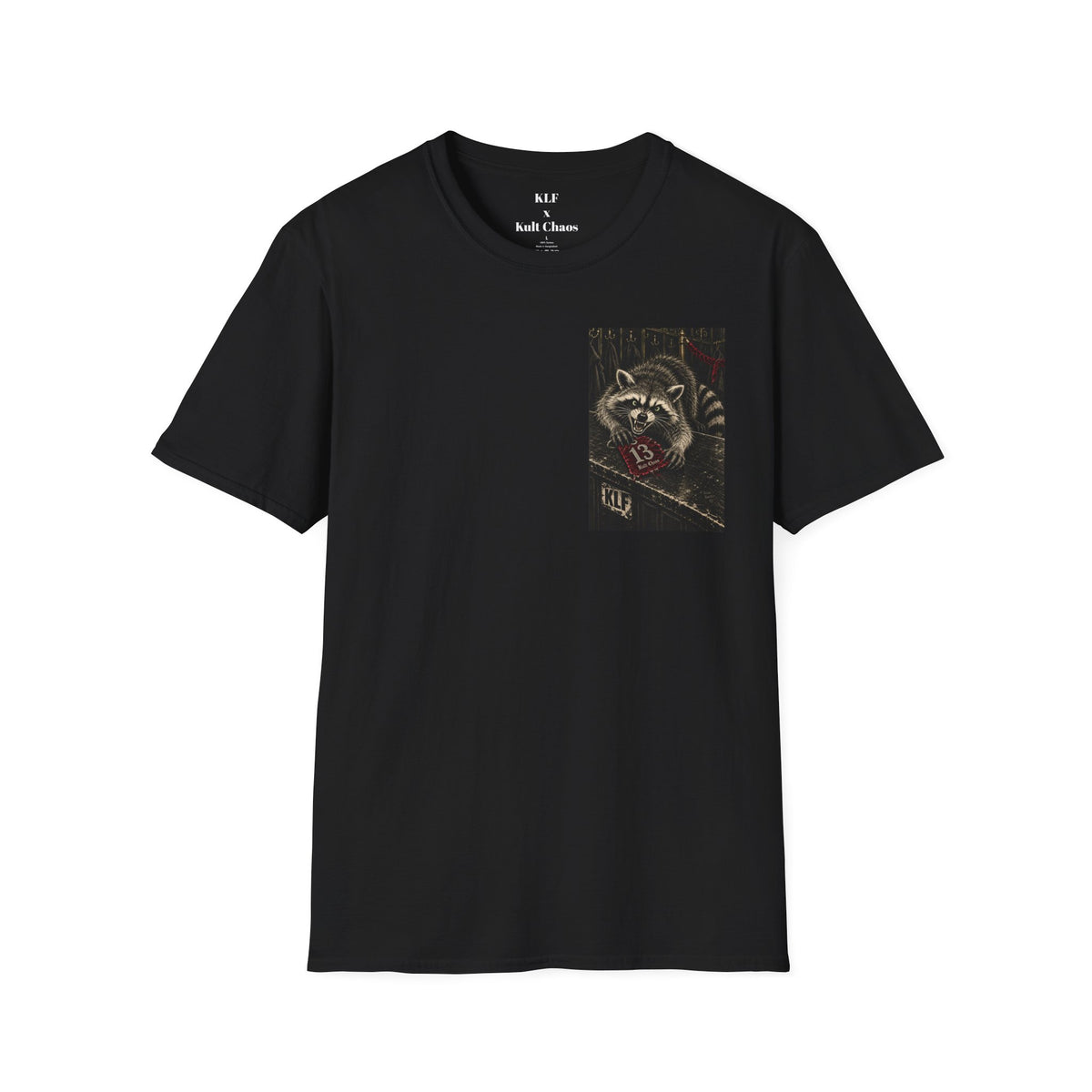Uninvited KLF × Kult Chaos punk raccoon dark humor graphic tee mockup 2