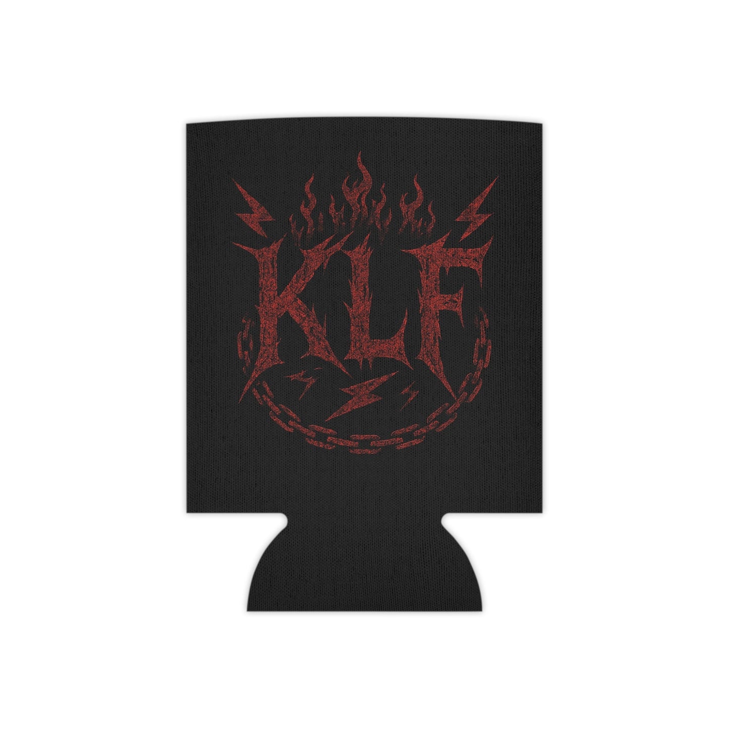 black KLF Vintage Can Cooler with red flame and lightning bolt design