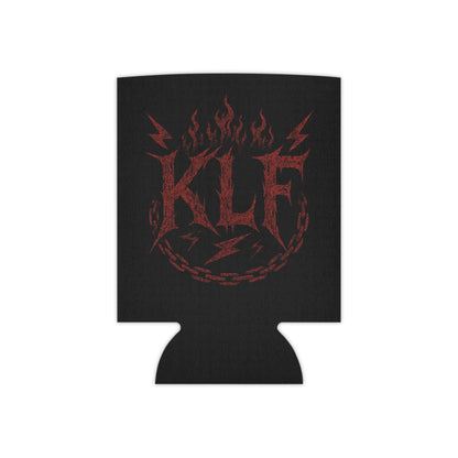 black KLF Vintage Can Cooler with red flame and lightning bolt design