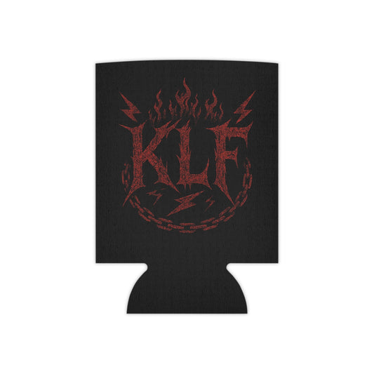 black KLF Vintage Can Cooler with red flame and lightning bolt design