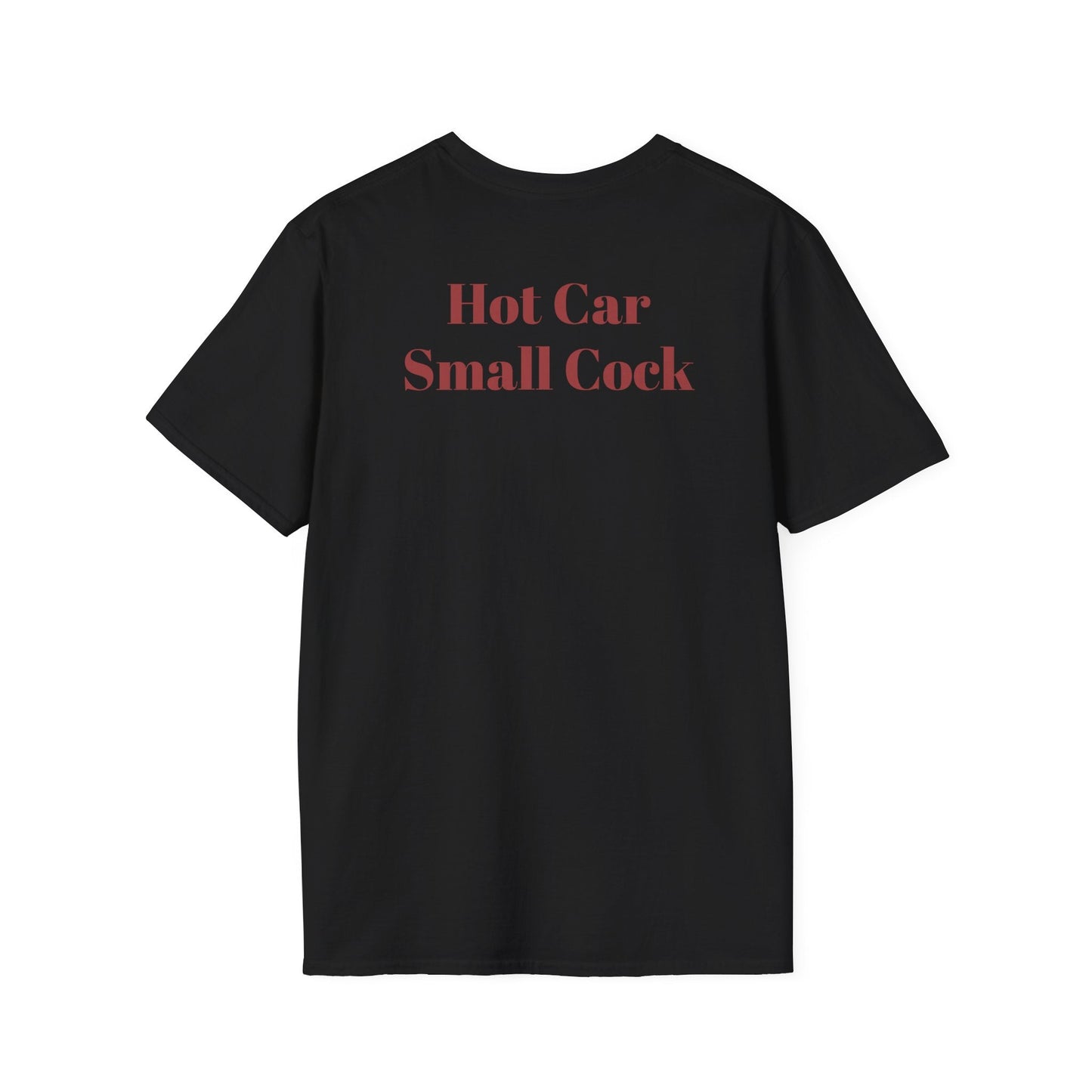 Black rebellious punk streetwear tee with bold red "Hot Car Small Cock" text on back