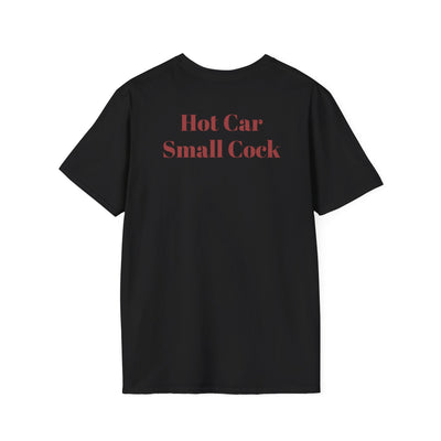 Black rebellious punk streetwear tee with bold red "Hot Car Small Cock" text on back