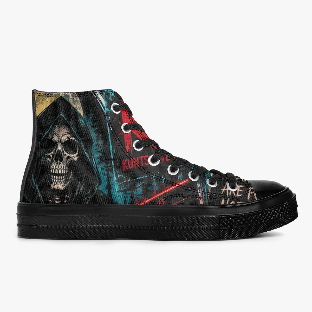 KLF Grave Shift high-top canvas shoes with neon horror night-shift artwork - product view 1