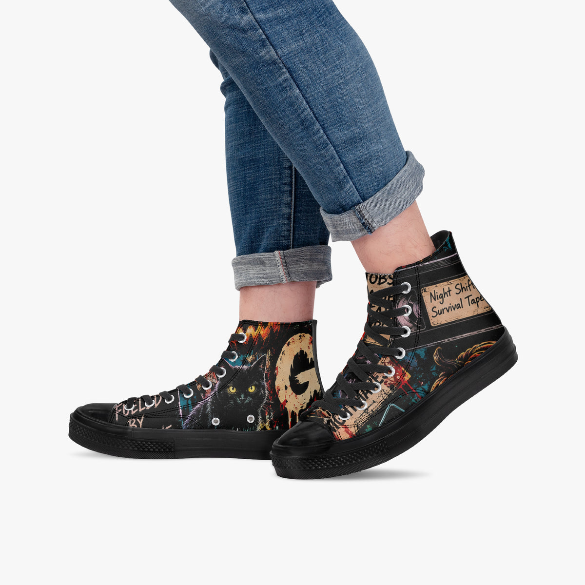 KLF Grave Shift high-top canvas shoes with neon horror night-shift artwork - product view 6