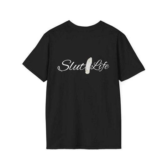 Black KLF Slut Life Tee with white script logo and glow-in-the-dark design on premium triblend fabric