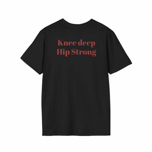 Black KLF Knee Deep Hip Strong Tee with red text, glow-in-the-dark vinyl design, unisex streetwear shirt