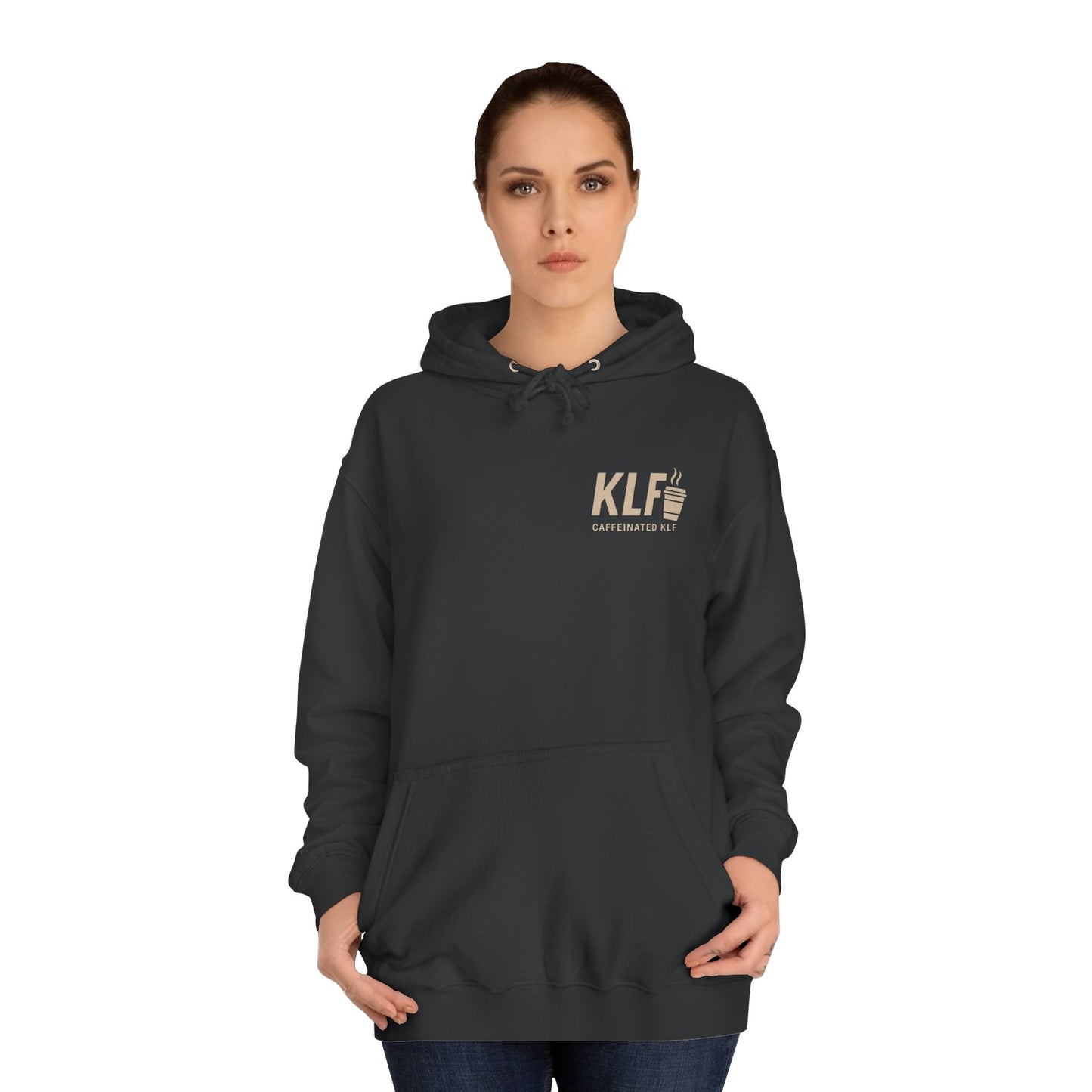Black KLF hoodie with "I Take My Coffee As Black As My Soul" design, unisex streetwear, glow-in-the-dark print, caffeine-themed minimalist style