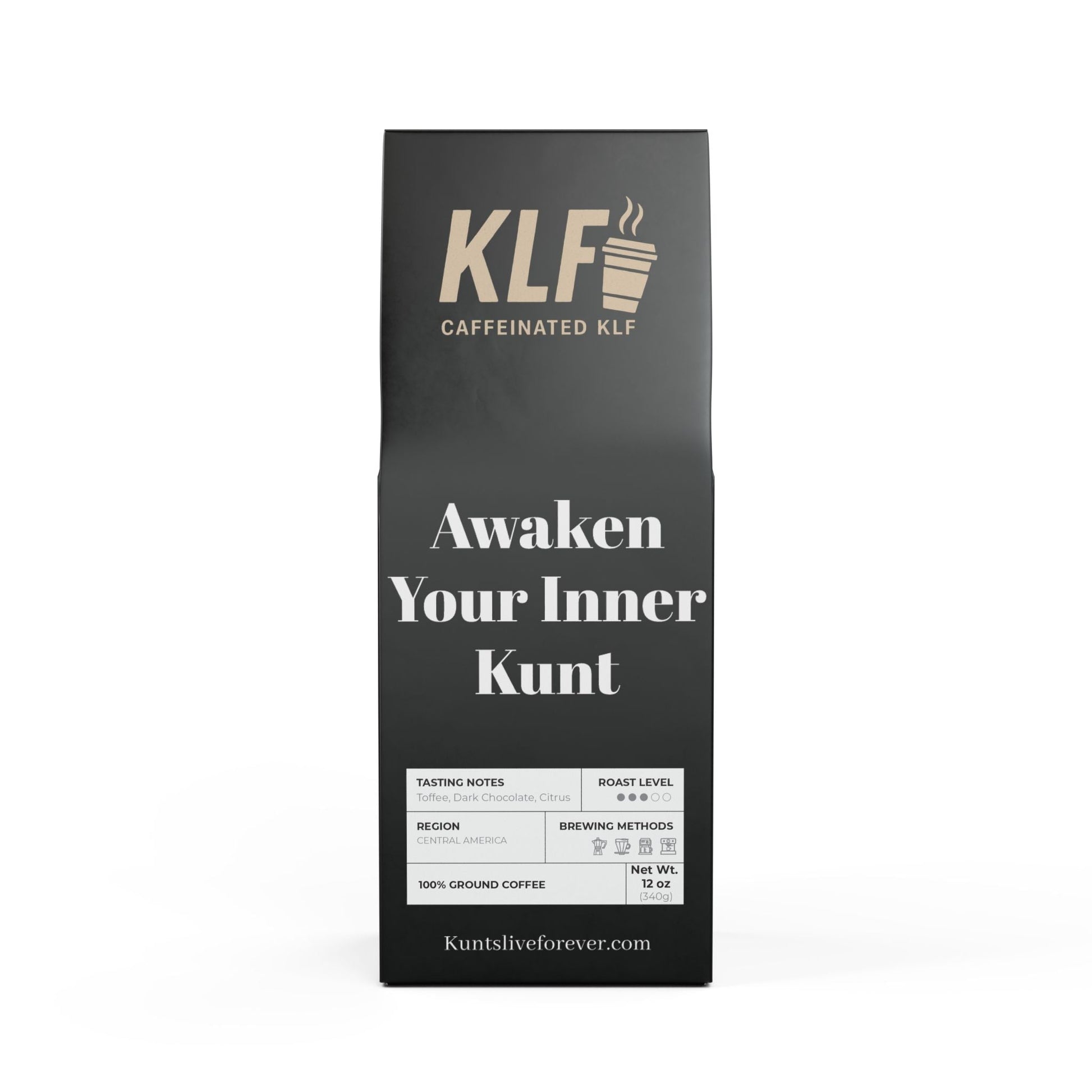 Black Coon Coffee Blend medium roast ground coffee bag with bold white text and gold logo, emphasizing a rebellious punk attitude.
