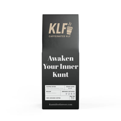 Black Coon Coffee Blend medium roast ground coffee bag with bold white text and gold logo, emphasizing a rebellious punk attitude.