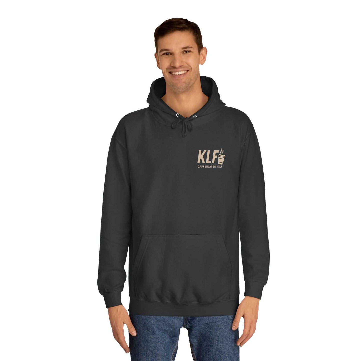 KLF “I Take My Coffee As Black As My Soul” black hoodie with minimalist text design, unisex fit, and caffeine-themed streetwear style