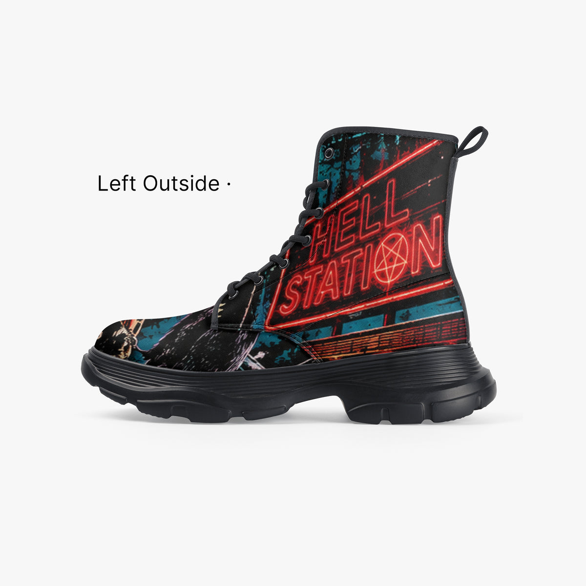 KLF Grave Shift chunky leather boots with neon horror night-shift artwork - product view 3