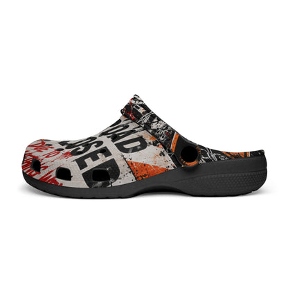 KLF Road Closed clogs lifestyle product image with Strange Days artwork
