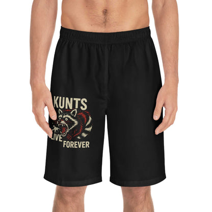 KUNTS LIVE FOREVER black board shorts with rabid raccoon graphic and glow-in-the-dark print by KLF Streetwear