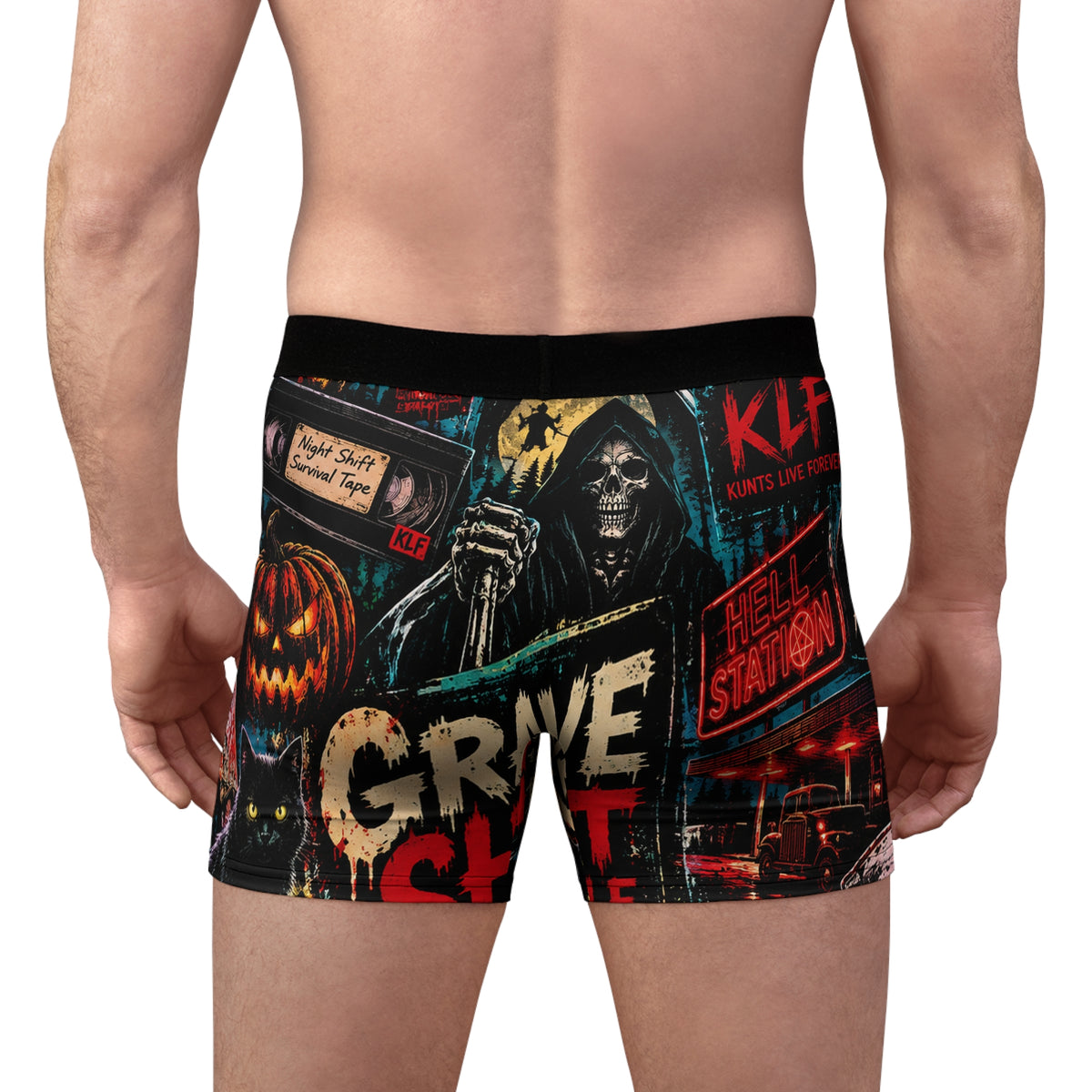 KLF Grave Shift boxer briefs with neon horror night-shift artwork - product view 2