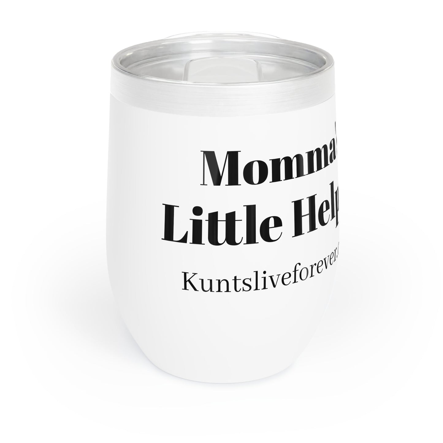 White stainless steel tumbler with "Mom's Little Helper" text and clear lid, punk streetwear style wine tumbler