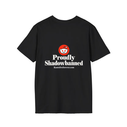 KLF Proudly Shadowbanned graphic tee, black shirt product mockup view 1