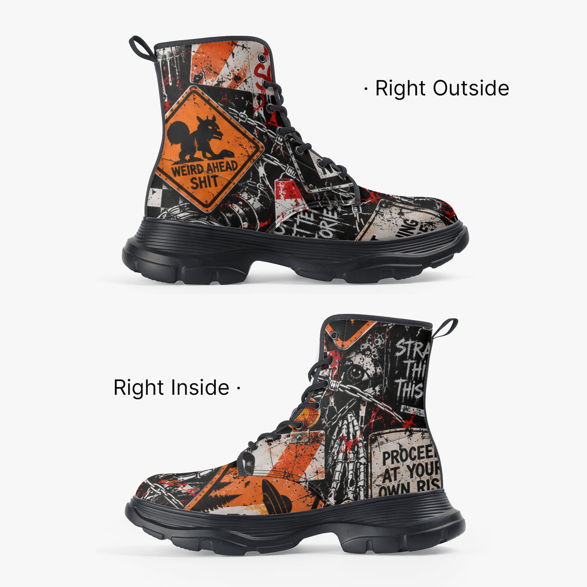 KLF Road Closed chunky boots with Strange Days roadside-horror artwork - product view 3