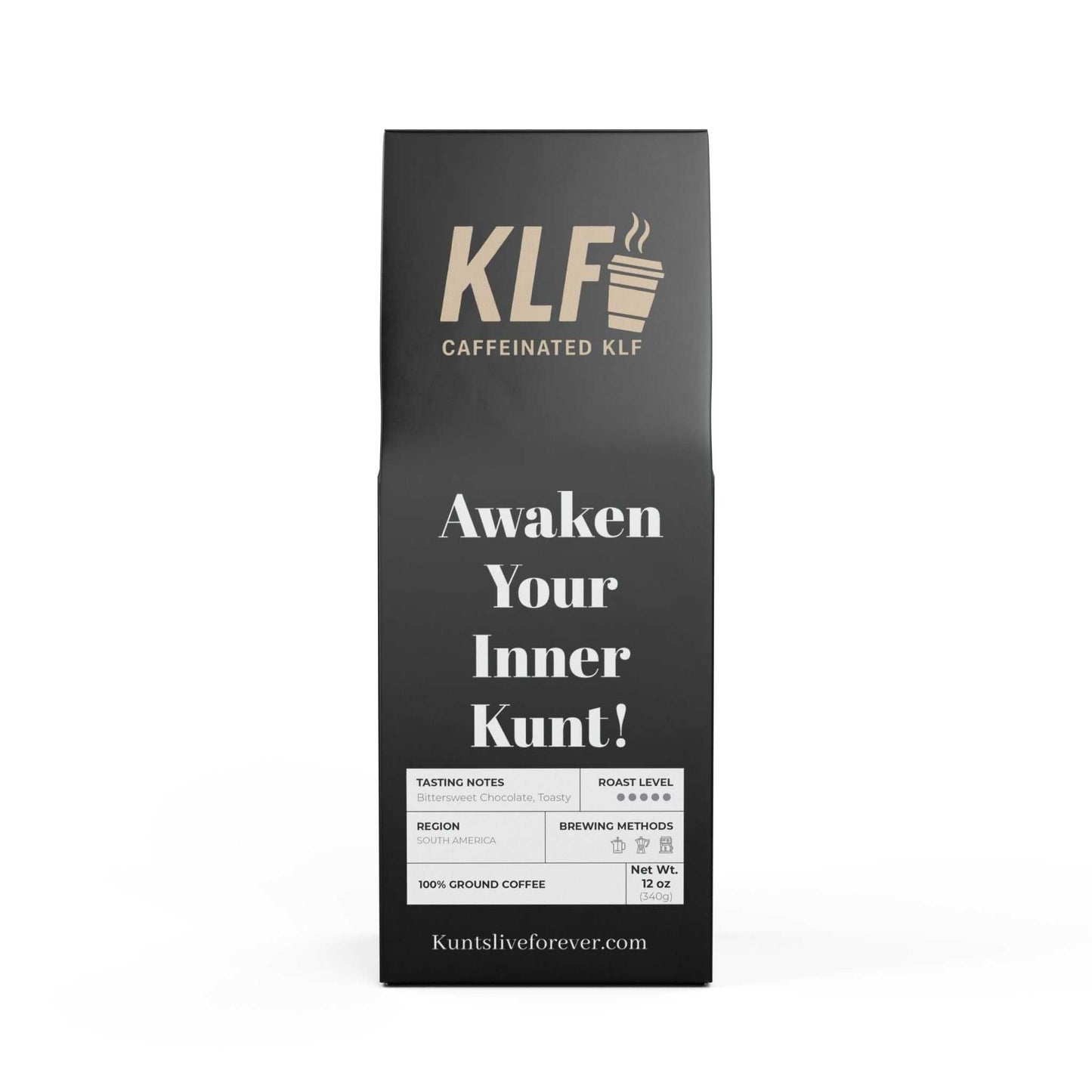 KLF Pirate Brew Blend dark French roast coffee bag with bold text and branding