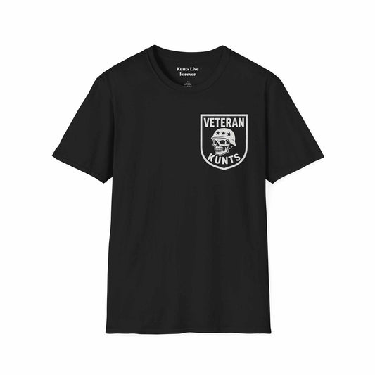 Black KLF Veteran KUNTS Whiskey Tango Foxtrot tee with skull logo, unisex streetwear, glow-in-the-dark print