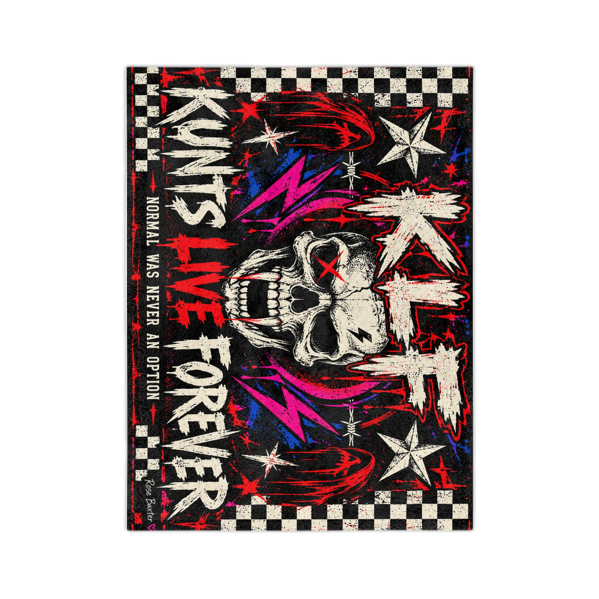 KLF Chaos Never Dies velveteen microfiber blanket with skull and checkerboard punk artwork