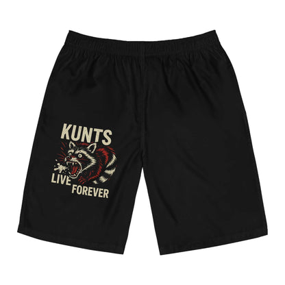 Black KLF Rabid Raccoon board shorts with KUNTS LIVE FOREVER graphic and glow-in-the-dark print