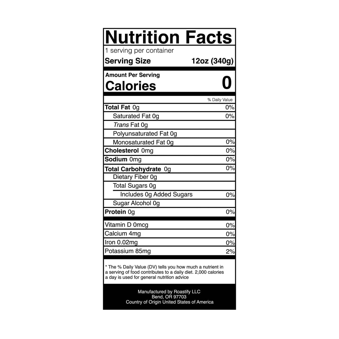 Nutrition facts label for Pirate Brew Blend coffee with zero calories and no fats or sugars.