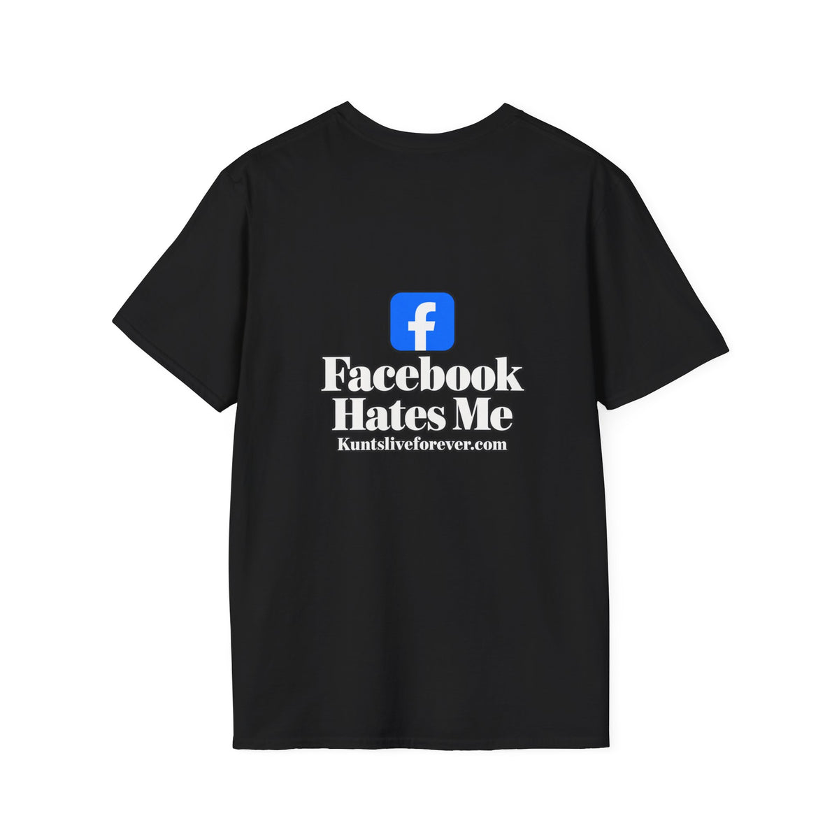 KLF Facebook Hates Me graphic tee, black shirt product mockup view 1