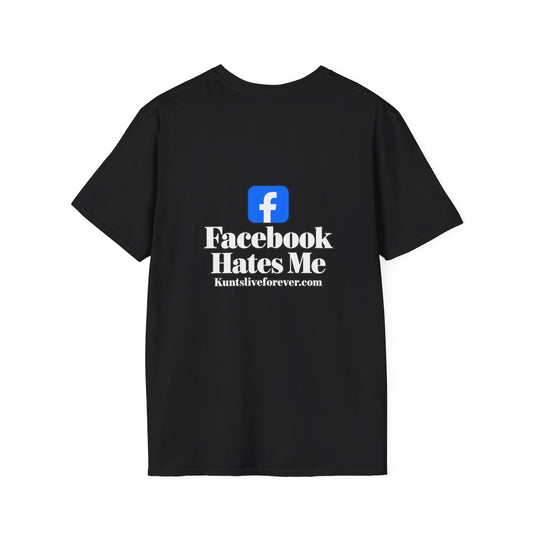 KLF Facebook Hates Me graphic tee, black shirt product mockup view 1