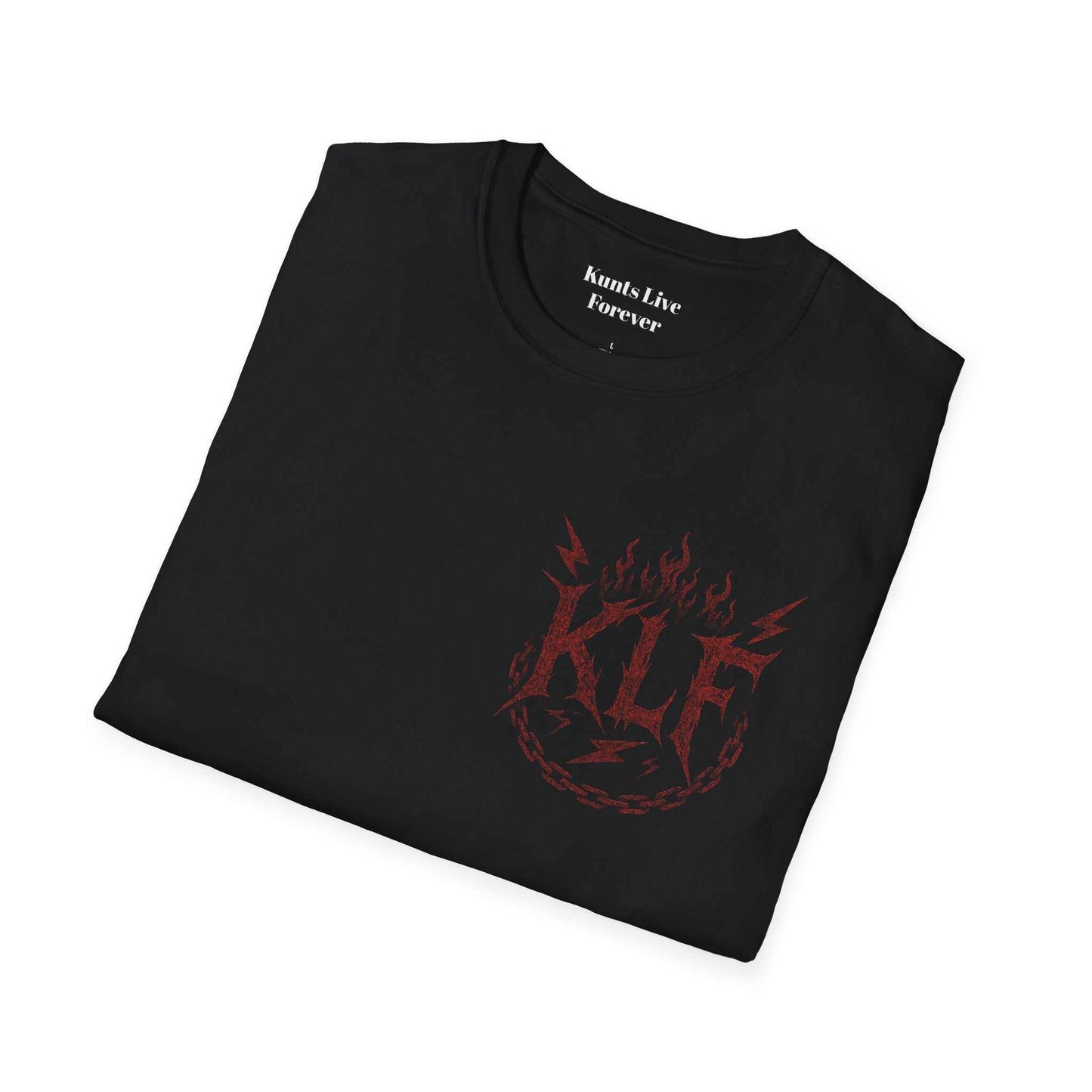 Folded black KLF Slut Life Tee with red flame and lightning print on chest, unisex streetwear style
