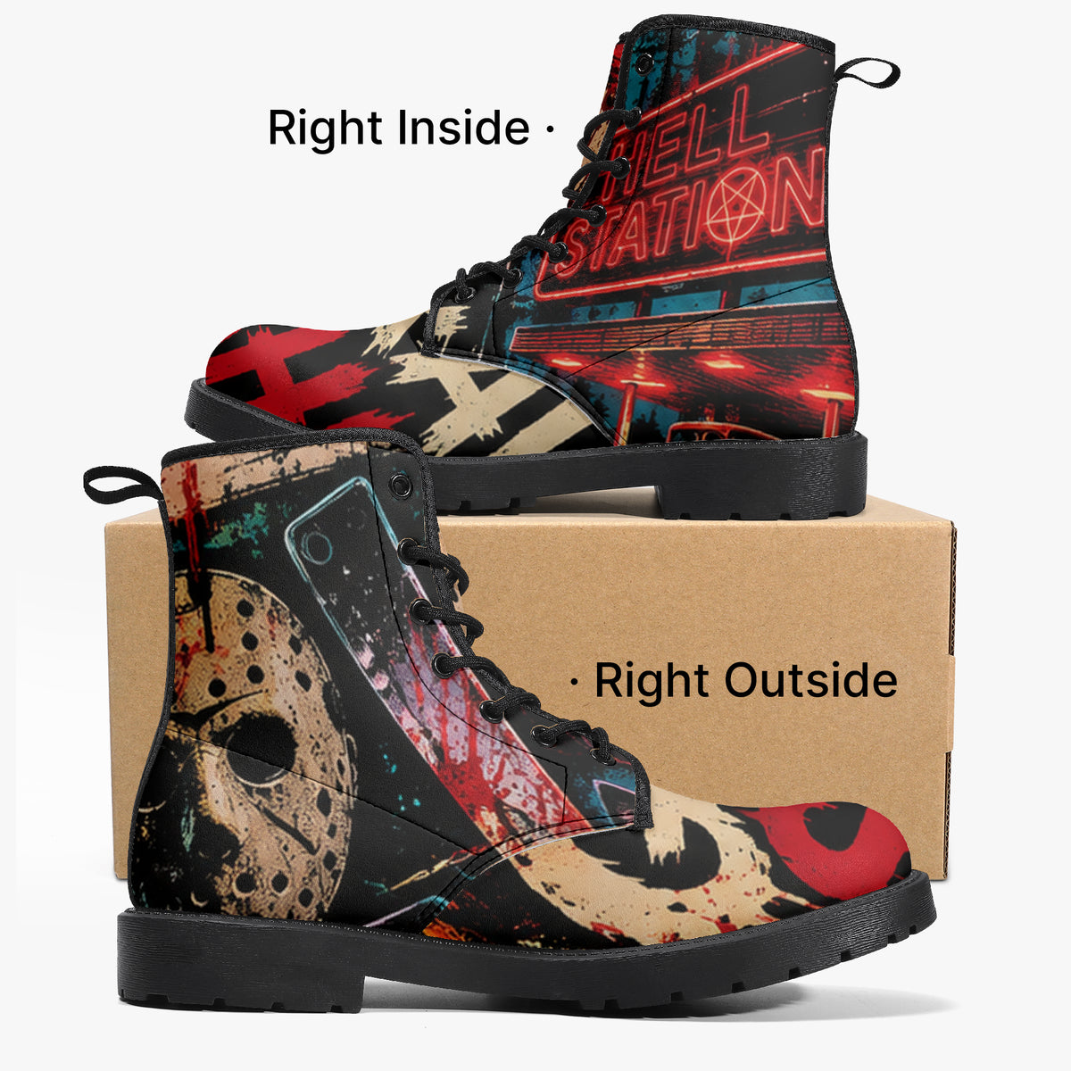 KLF Grave Shift leather boots with neon horror night-shift artwork - product view 1