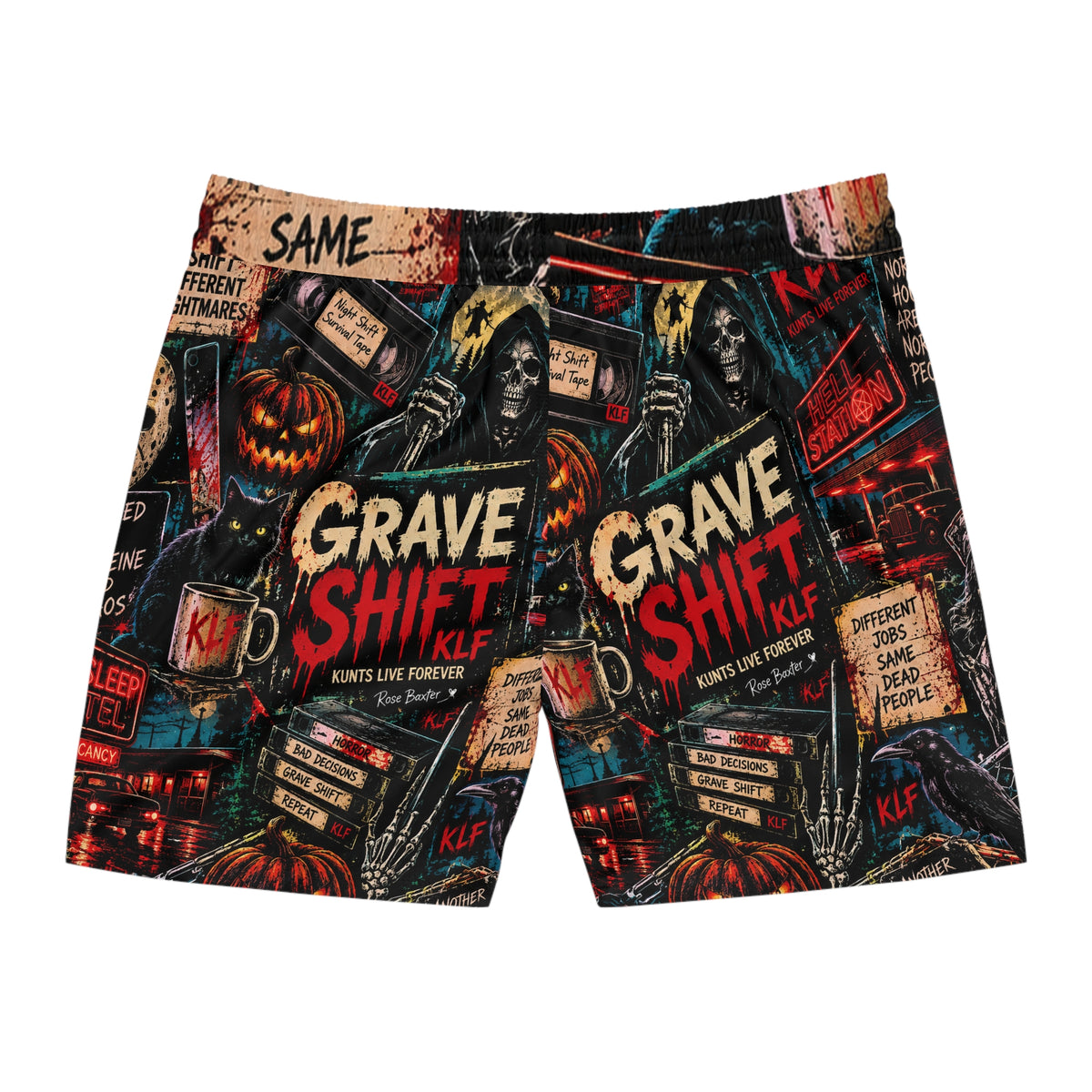 KLF Grave Shift swim shorts with neon horror night-shift artwork - product view 6