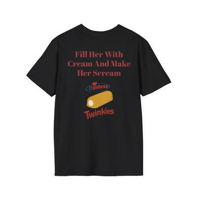 Black rebellious punk streetwear tee with "Fill Her With Cream And Make Her Scream" and Hostess Twinkies graphic print