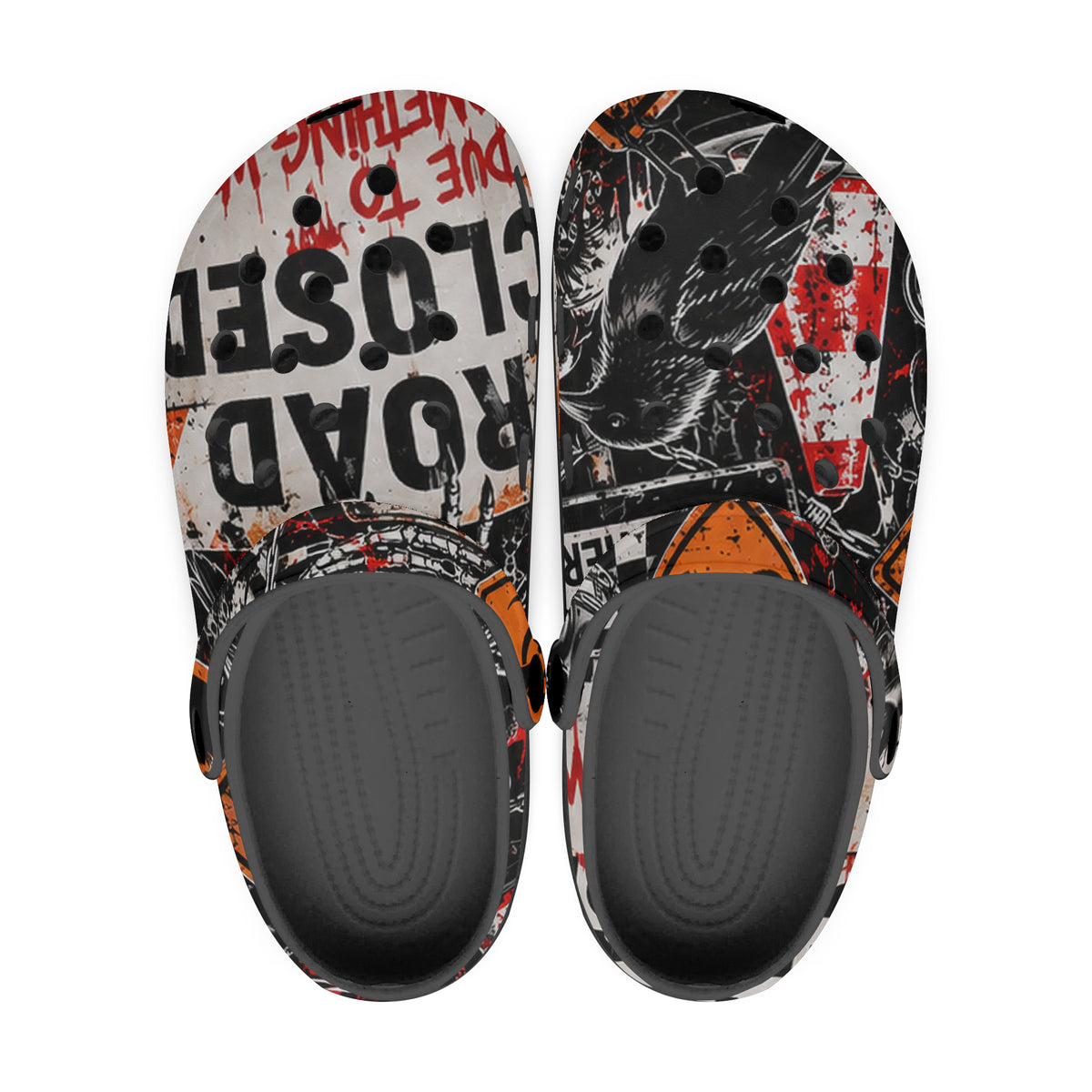 KLF Road Closed clogs alternate product mockup with punk warning graphics