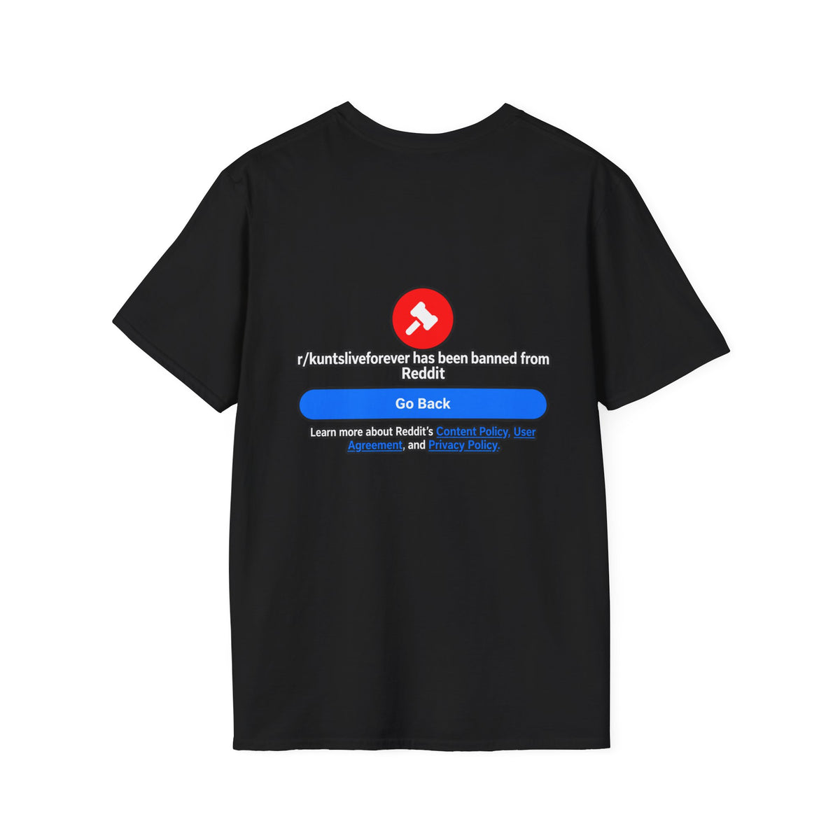 KLF Banned! graphic tee on black shirt, product mockup view 1