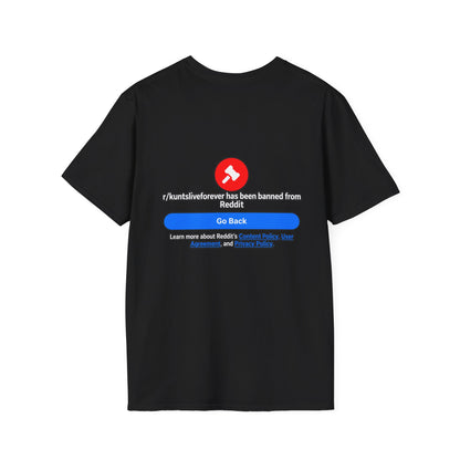 KLF Banned! graphic tee on black shirt, product mockup view 1