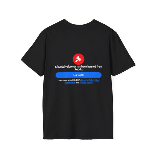 KLF Banned! graphic tee on black shirt, product mockup view 1