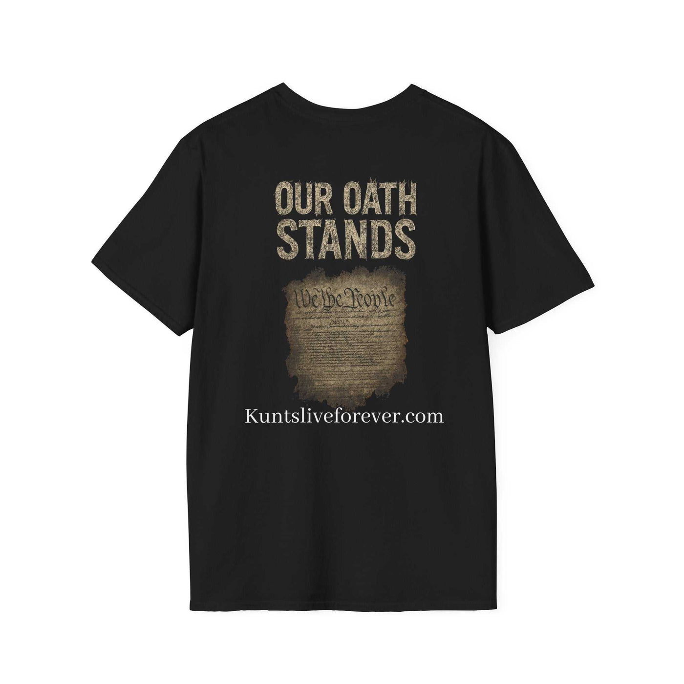 Black Oath Stands Veteran Tee with vintage parchment print and bold text from KLF Streetwear