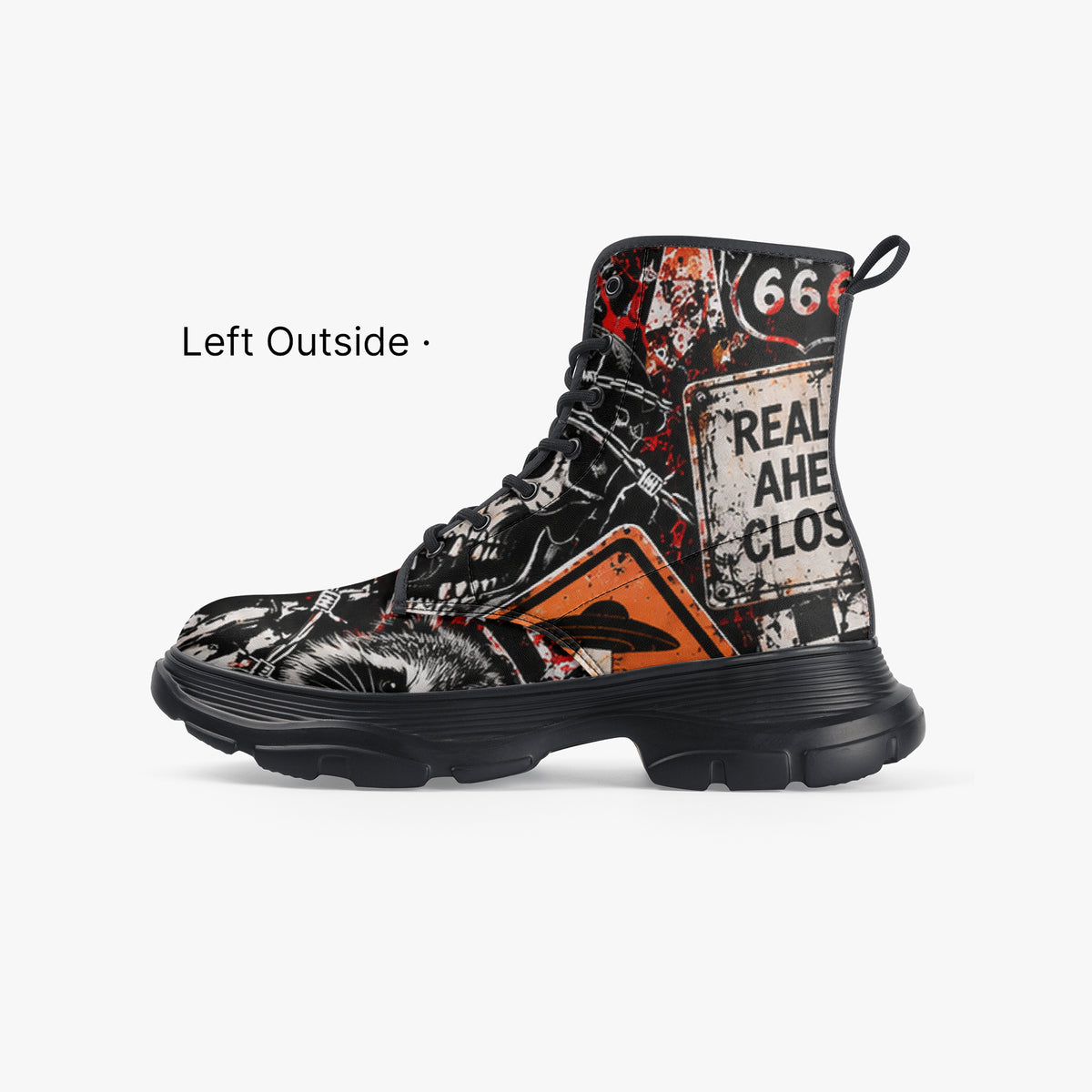 KLF Road Closed chunky boots with Strange Days roadside-horror artwork - product view 2