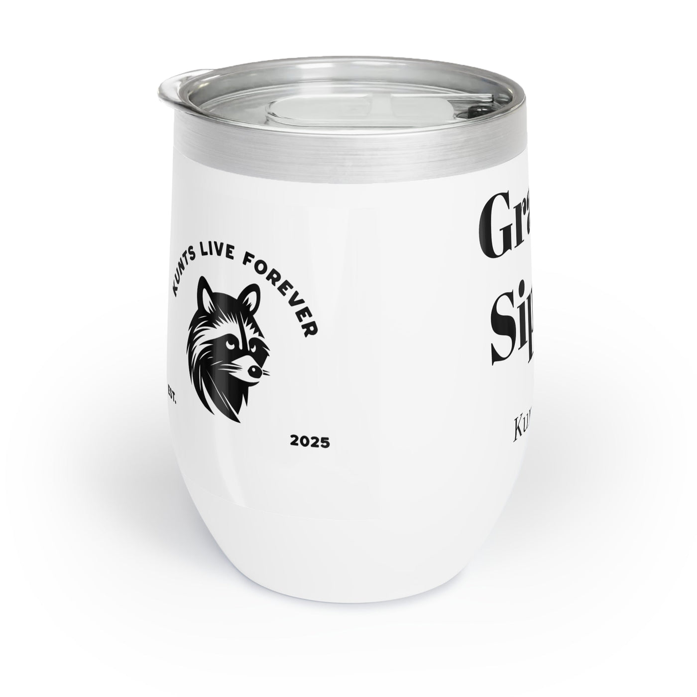 White stainless steel Grandma's Sippy Cup wine tumbler with spill-resistant lid and minimalist design