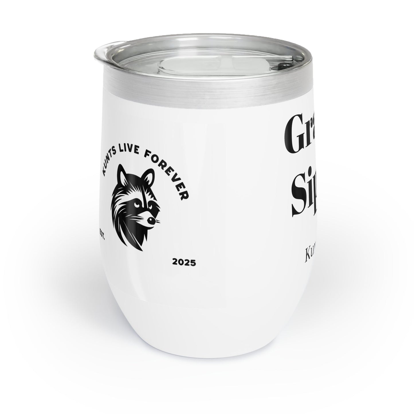 White stainless steel Grandma's Sippy Cup wine tumbler with spill-resistant lid and minimalist design